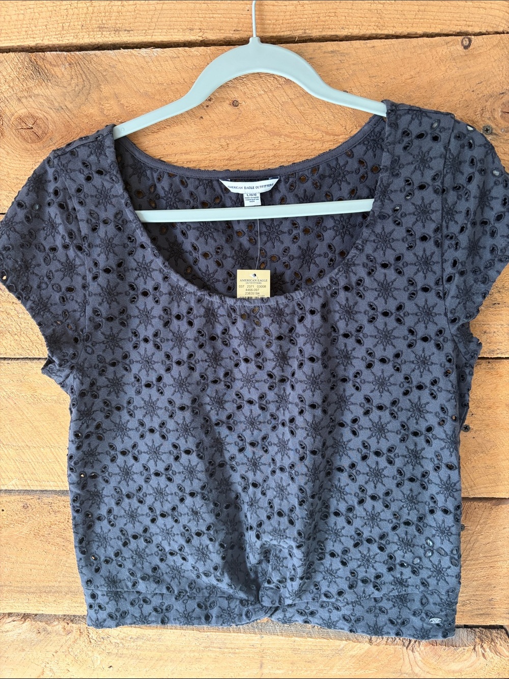 Eyelet Scoop Neck Short Sleeve Top in Charcoal